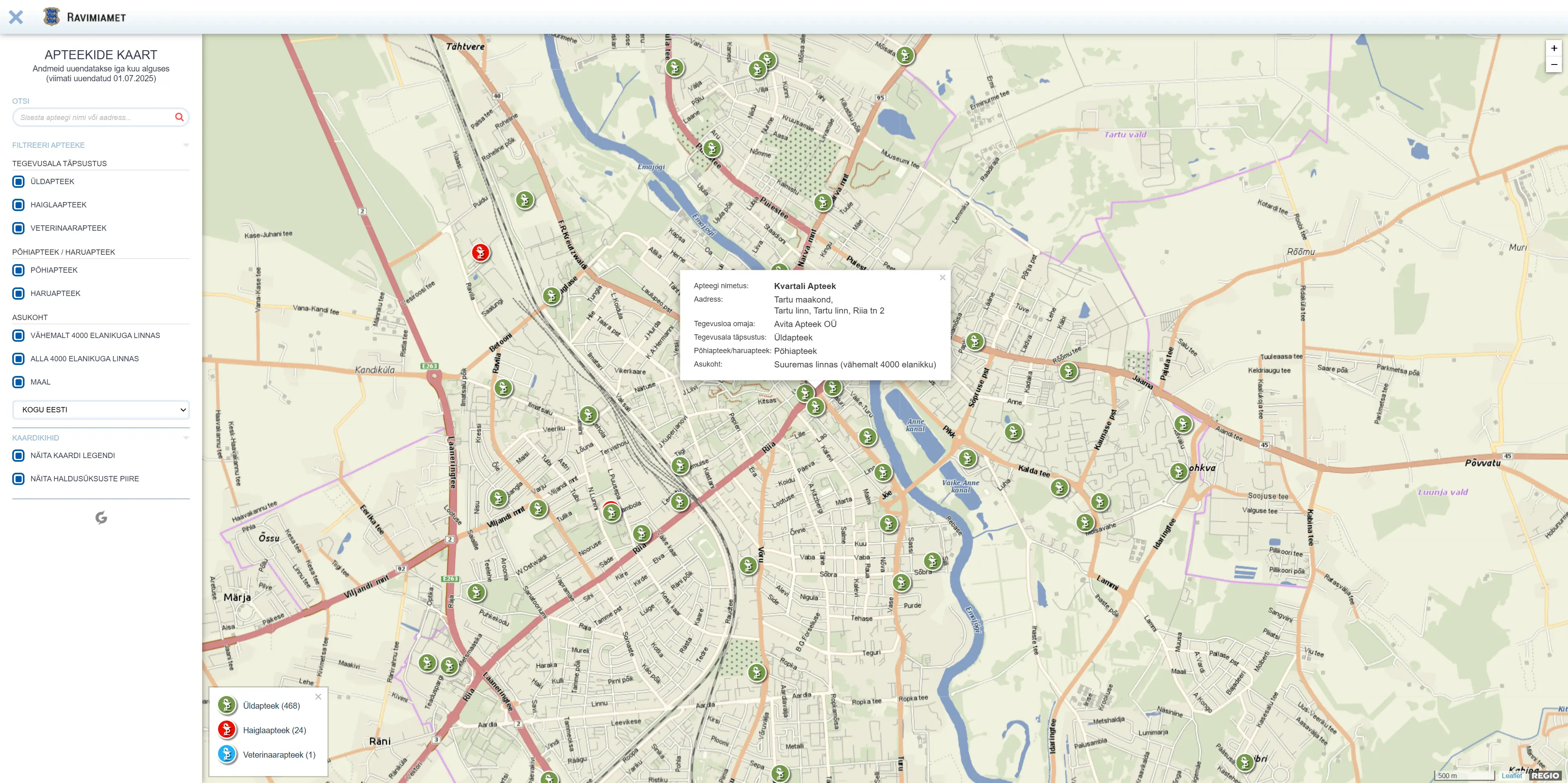 Map of Pharmacies - desktop vaade - mobiili vaade Map of Pharmacies